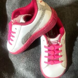 Puma Kids' White and Pink Sneakers with Silver Accents